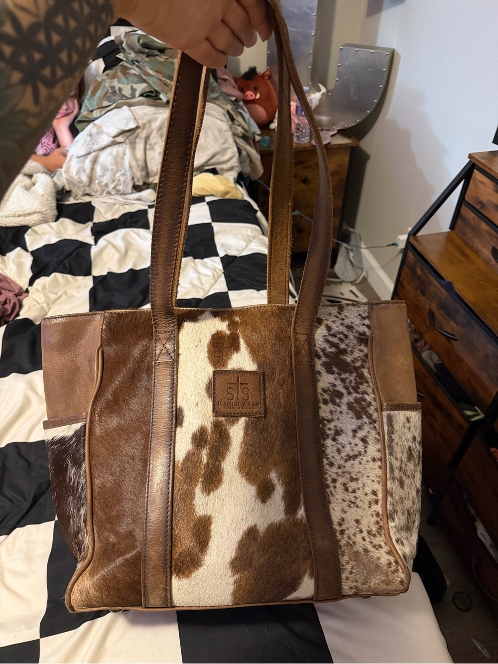 STS Ranchwear Brown and White Cowhide Leather Patchwork Tote
